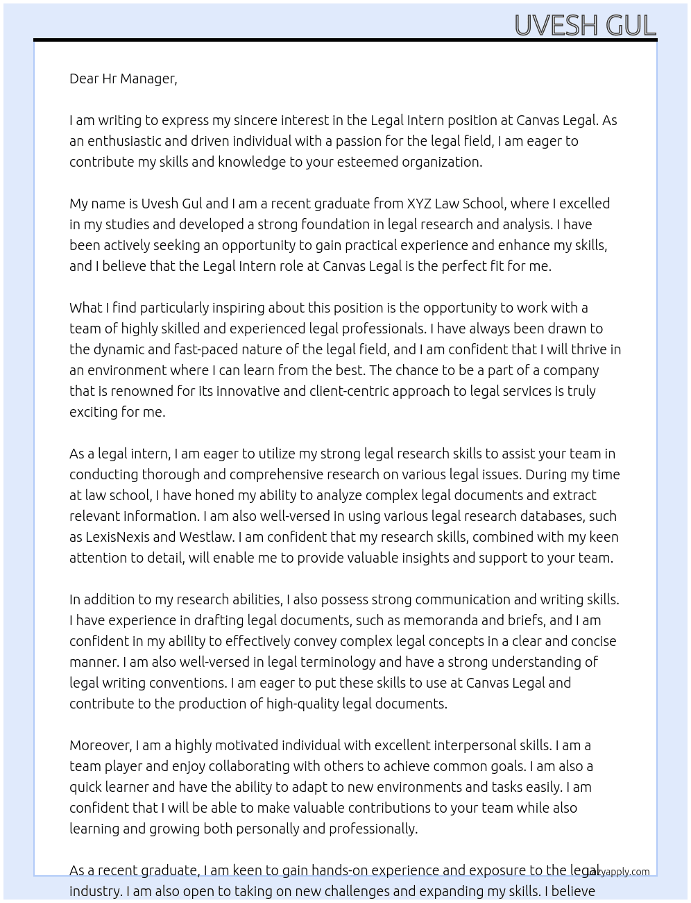 Legal Intern At Canvas Legal Cover Letter