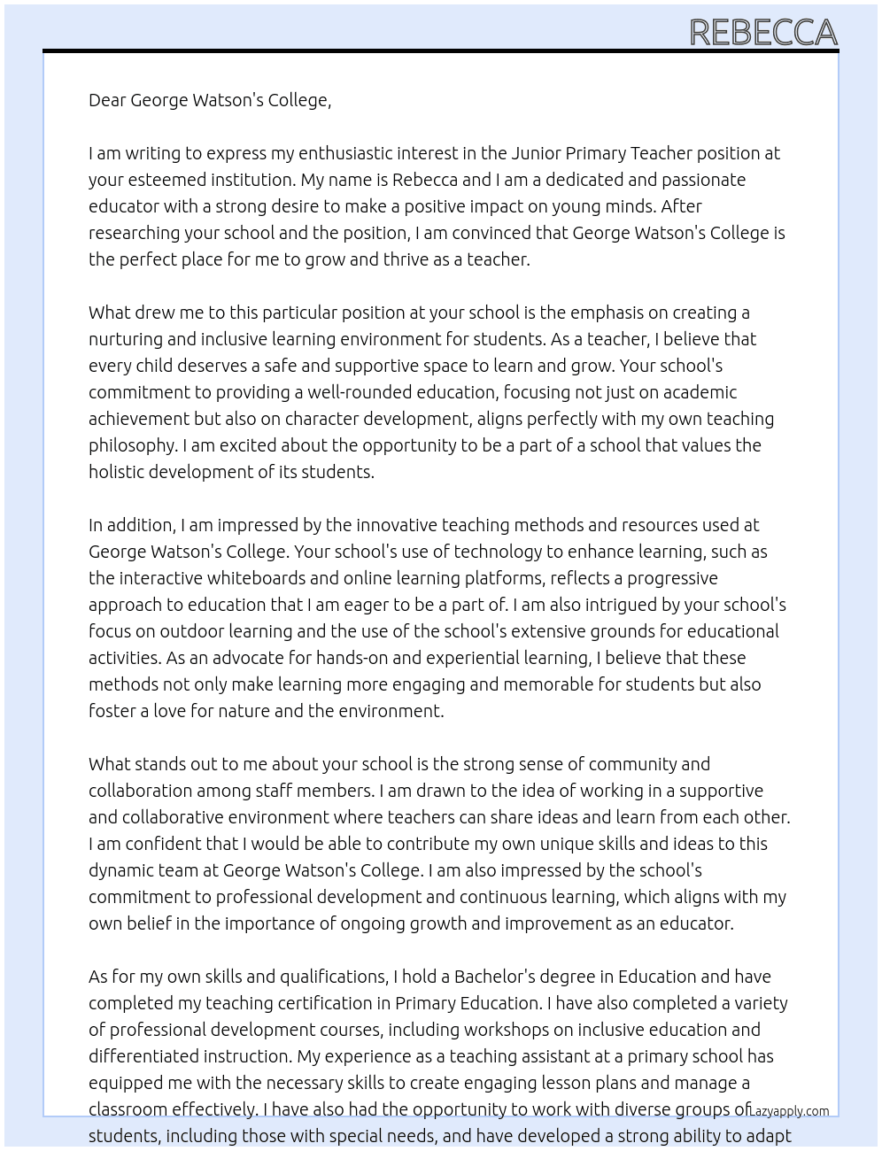 Junior Primary Teacher At George Watson's College Cover Letter