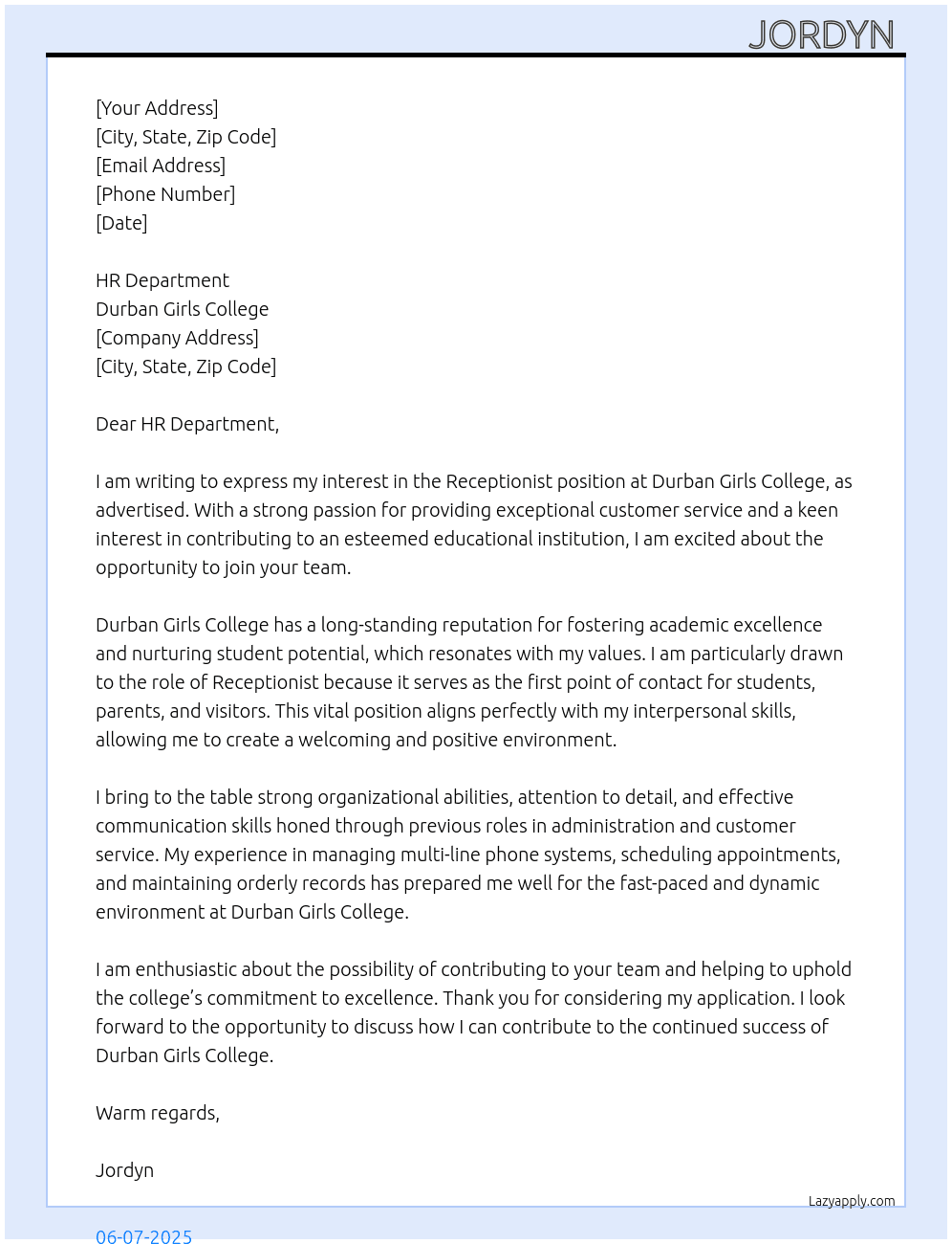 Receptionist  At Durban Girls College  Cover Letter