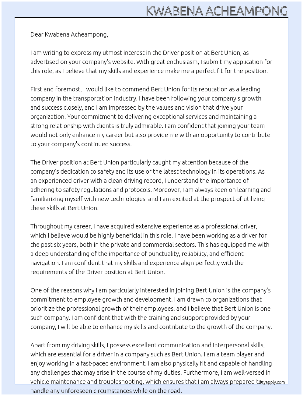 Driver At Bert Union Cover Letter