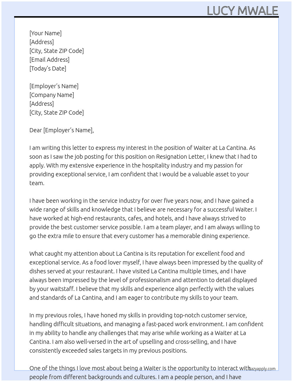 Waiter At Resignation Letter Cover Letter