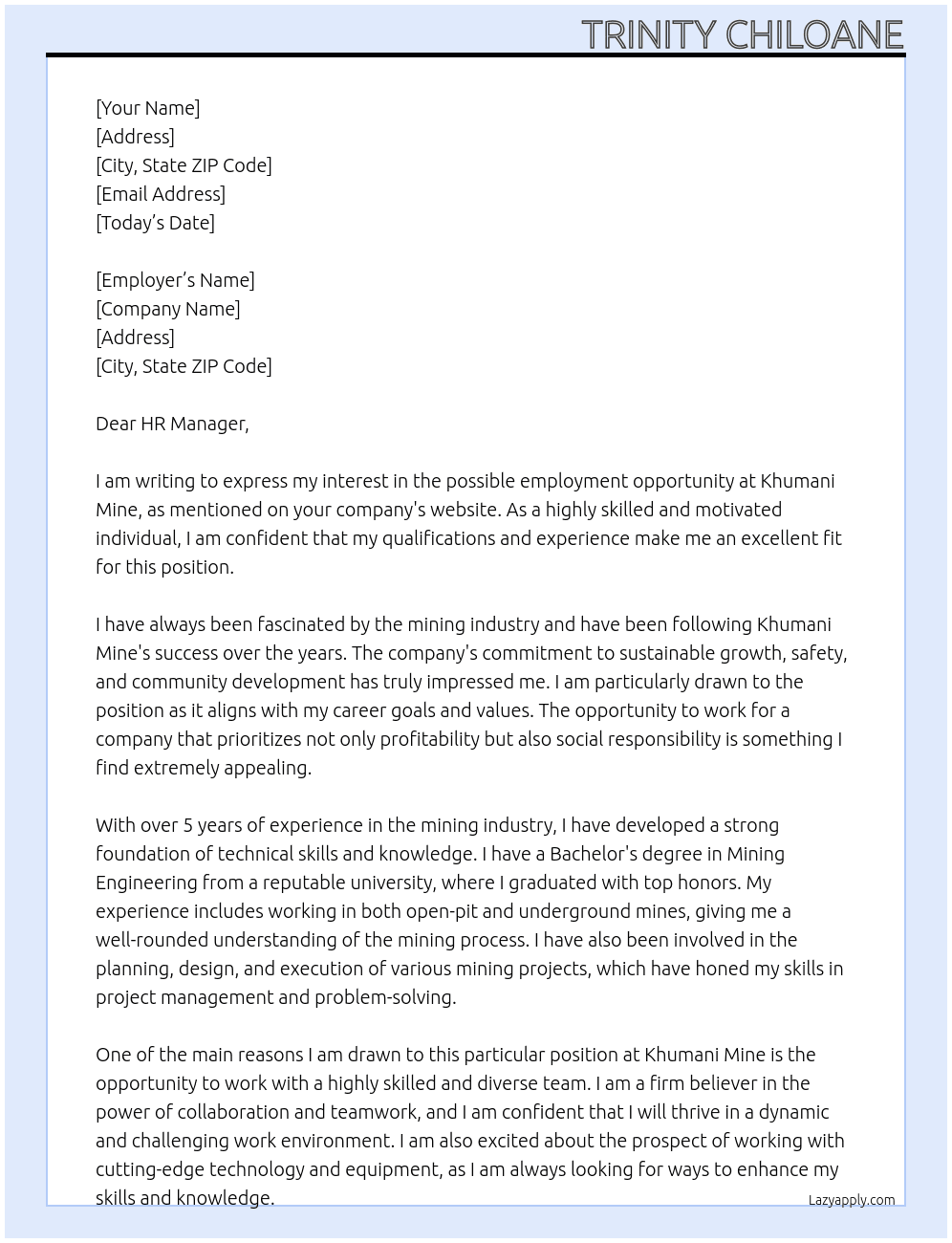 possible employment At khumani mine Cover Letter