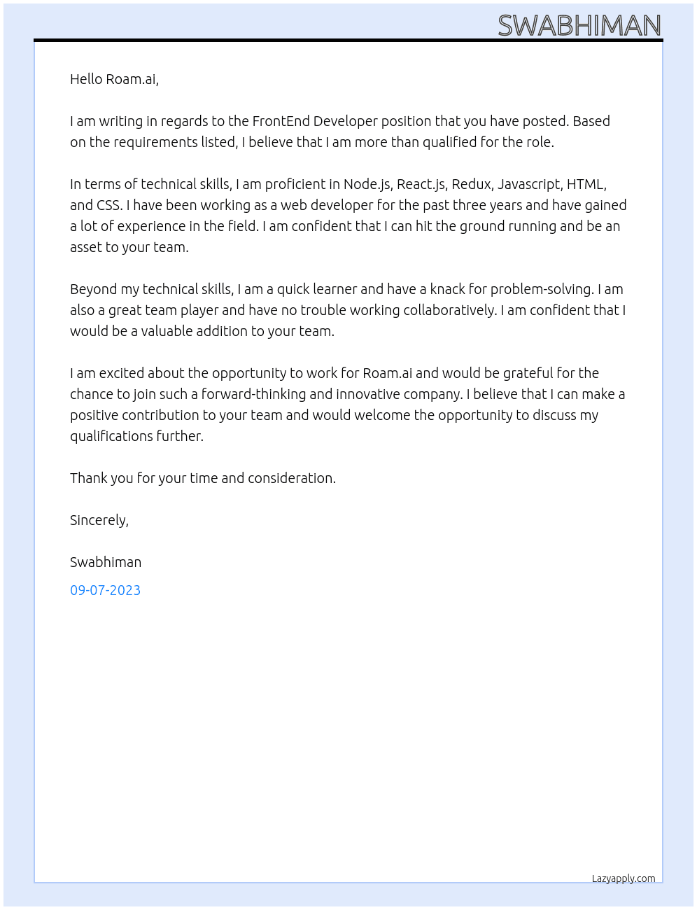 FrontEnd Developer At Roam.ai Cover Letter
