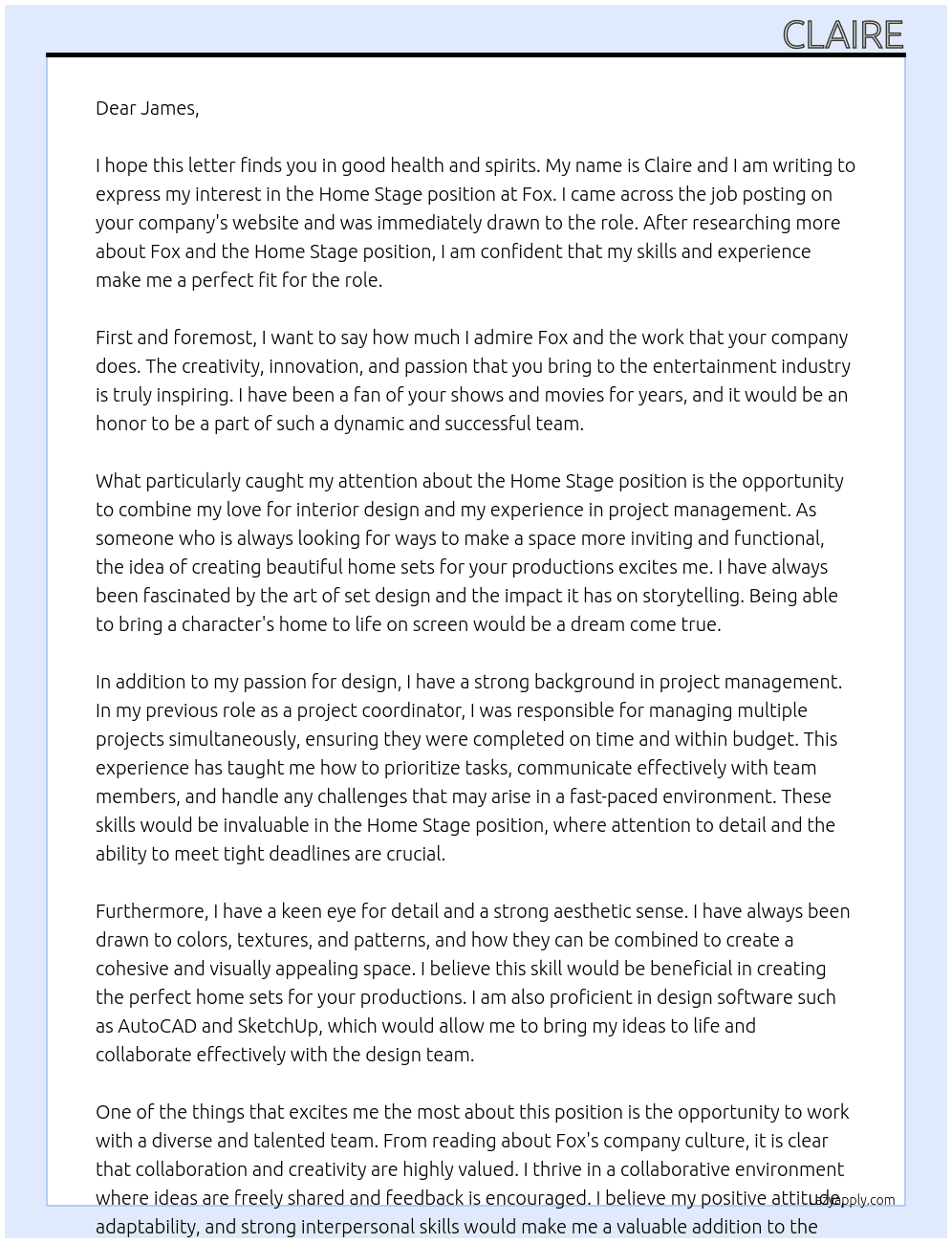 home stage At fox Cover Letter