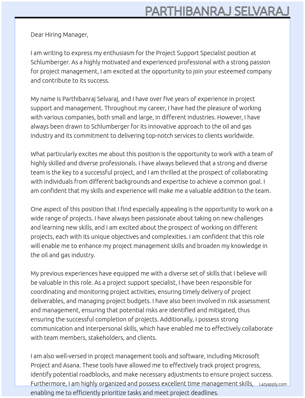 Project Support Specialist  At Schlumberger Cover Letter