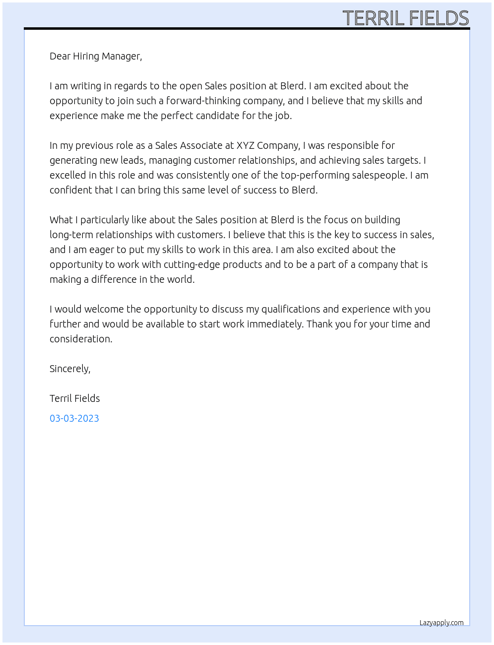 Sales At Blerd Cover Letter