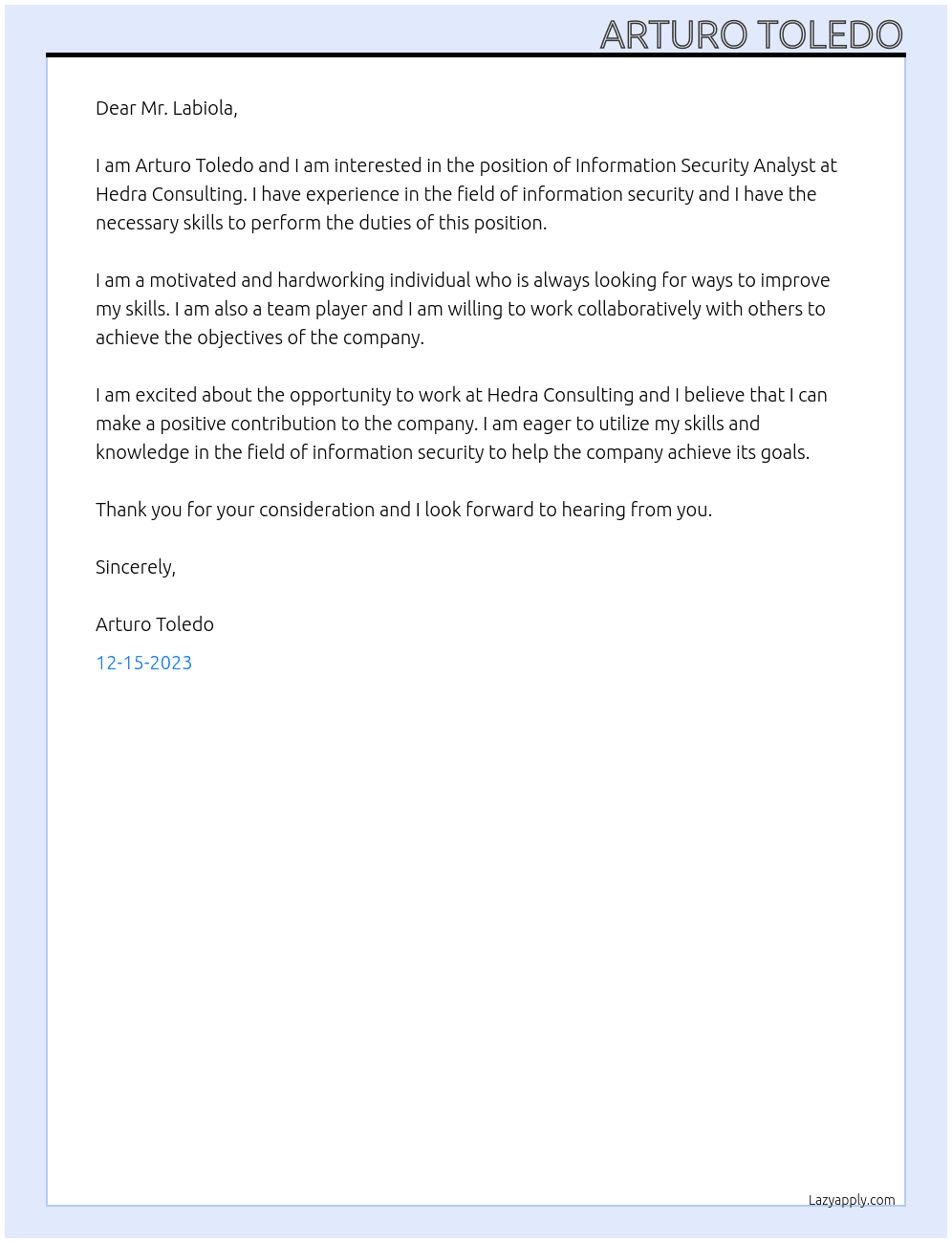 Information Security Analyst At Hedra Consulting Cover Letter