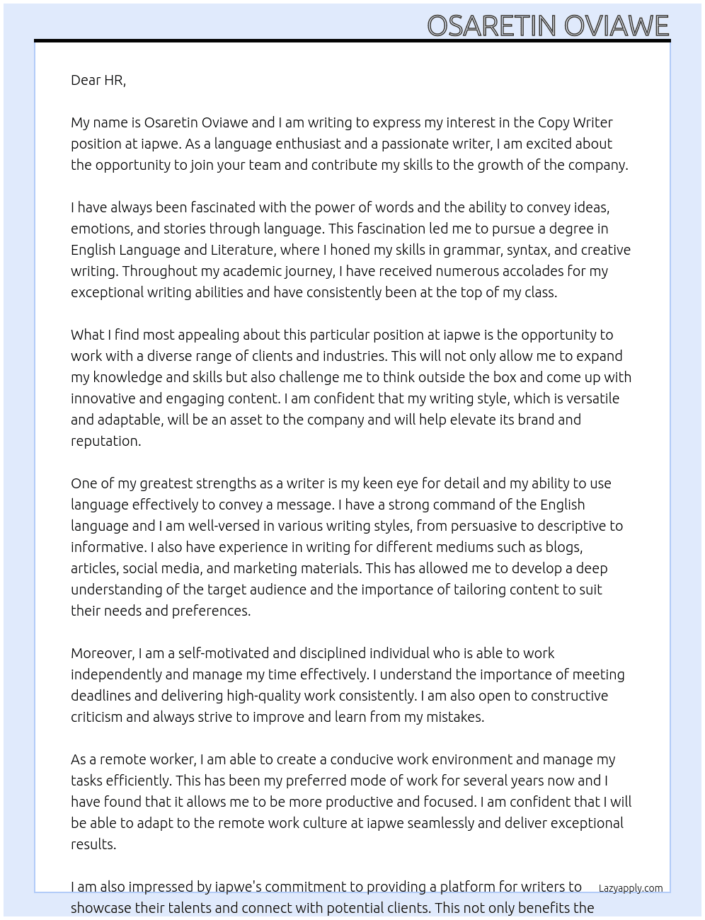 Copy Writer At iapwe Cover Letter