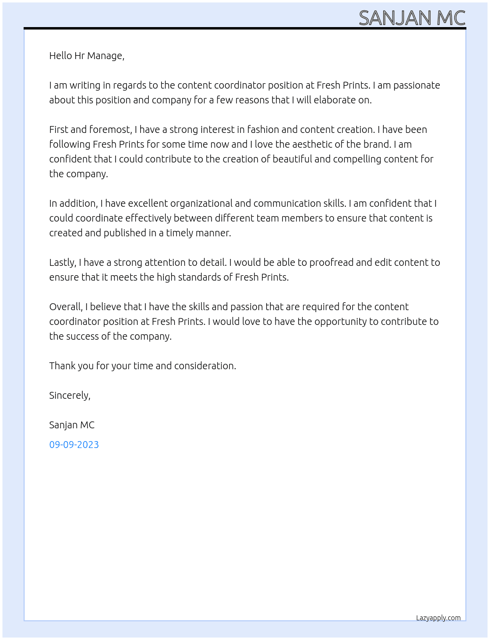 Content coordinator  At Fresh Prints  Cover Letter