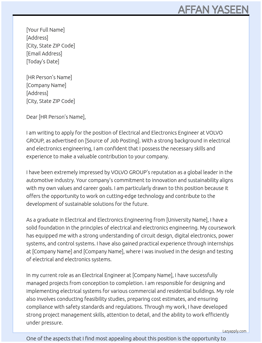 Electrical and Electronics Engineer At VOLVO GROUP Cover Letter