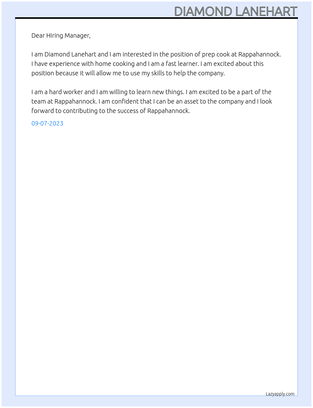 Prep cook At Rappahannock Cover Letter