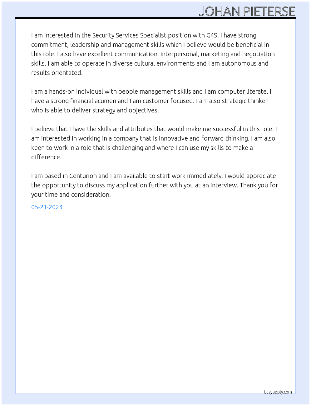 Security Services Specialist   At Security Services Specialist Travsec Cover Letter