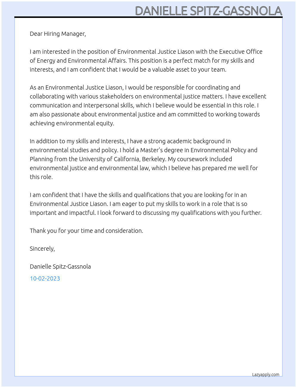 Environmental Justice Liason At Executive Office of Energy and Environmental Affairs Cover Letter
