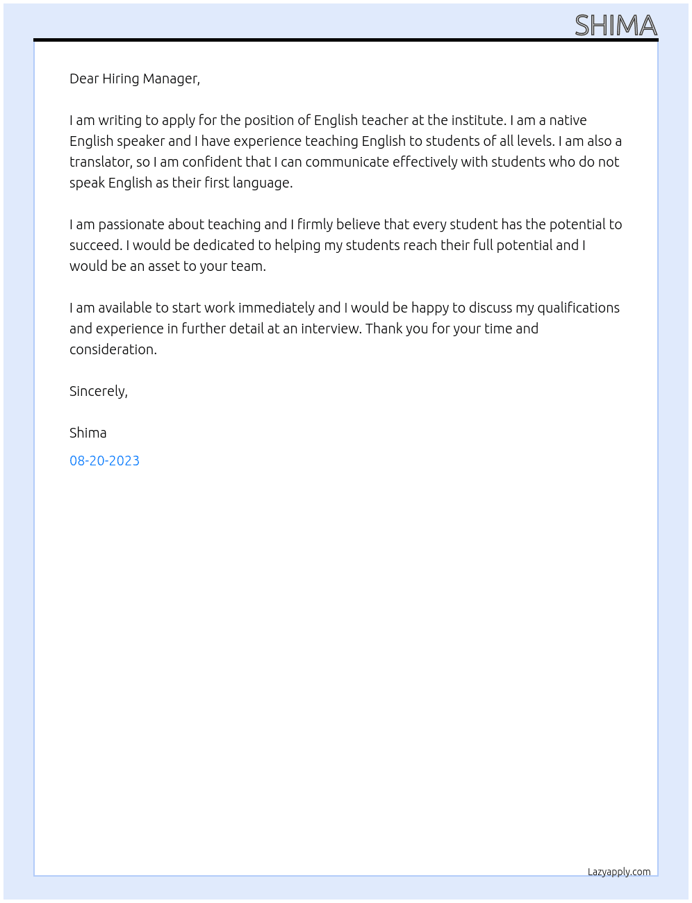 english teacher At institute Cover Letter