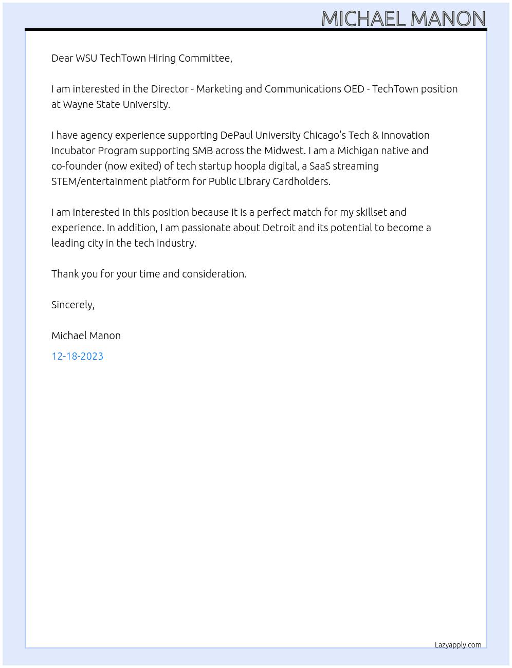 Director - Marketing and Communications OED - TechTown At Wayne State University Cover Letter