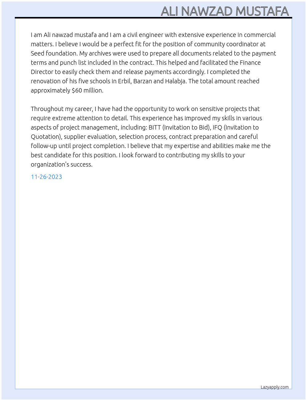 Community coordinator  At Seed foundation  Cover Letter