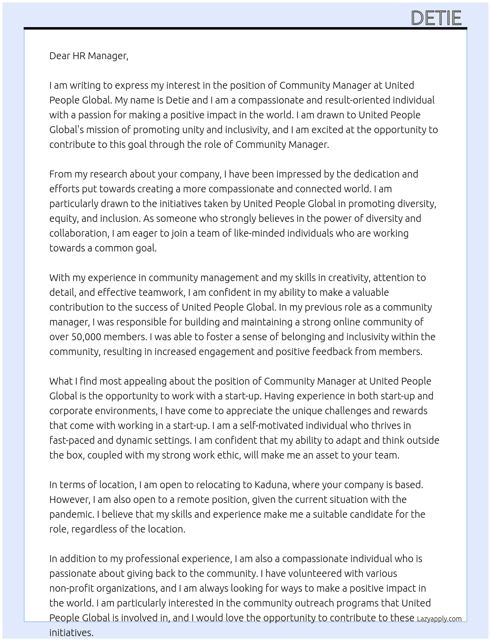 Community manager  At United people global Cover Letter
