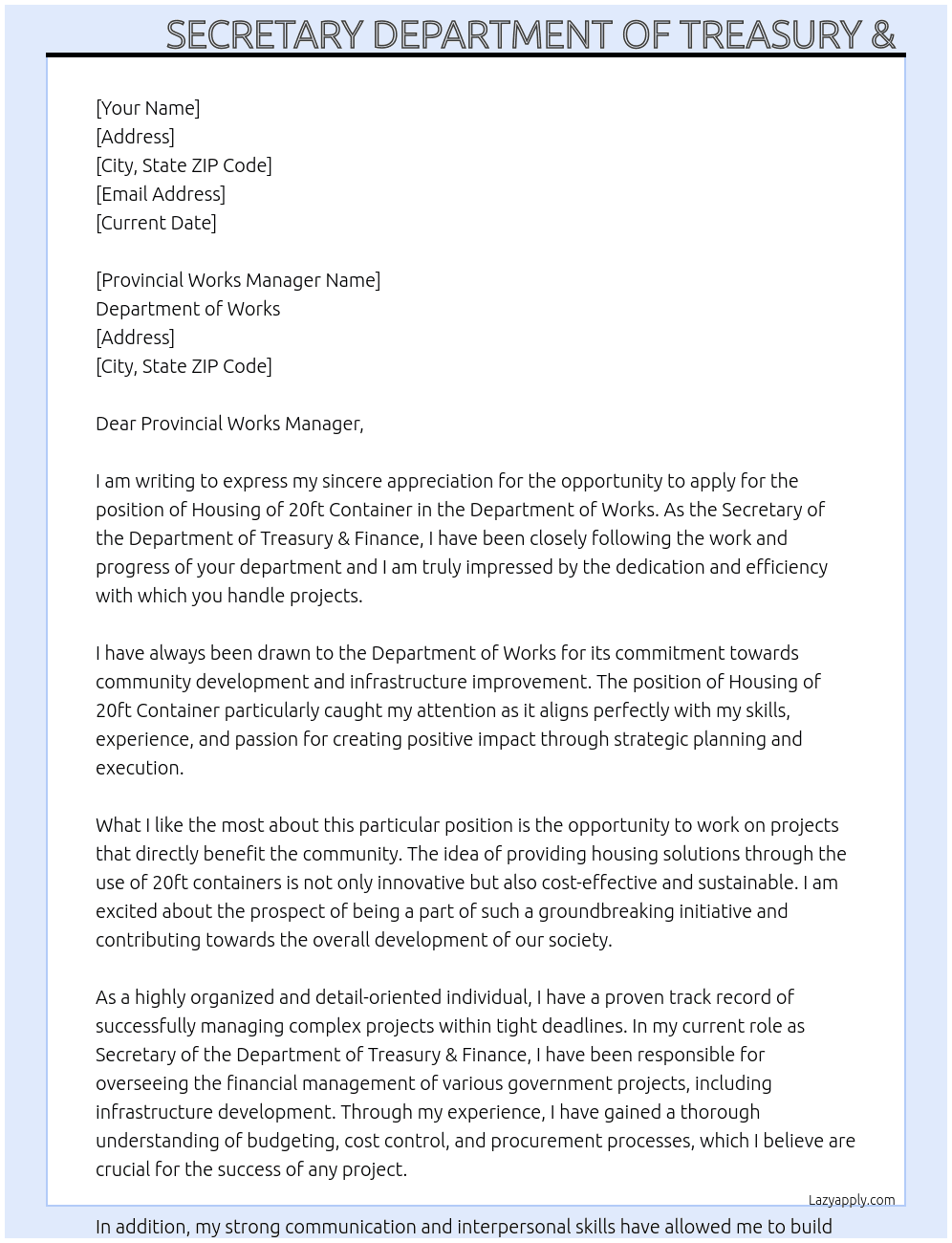Housing of 20ft Container At Department of Works Cover Letter