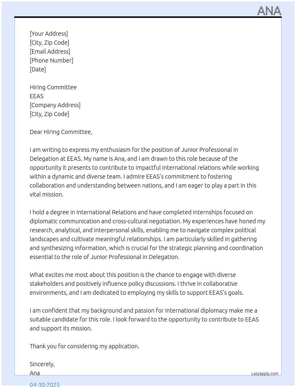 JUNIOR PROFESSIONAL IN DELEGATION At EEAS Cover Letter
