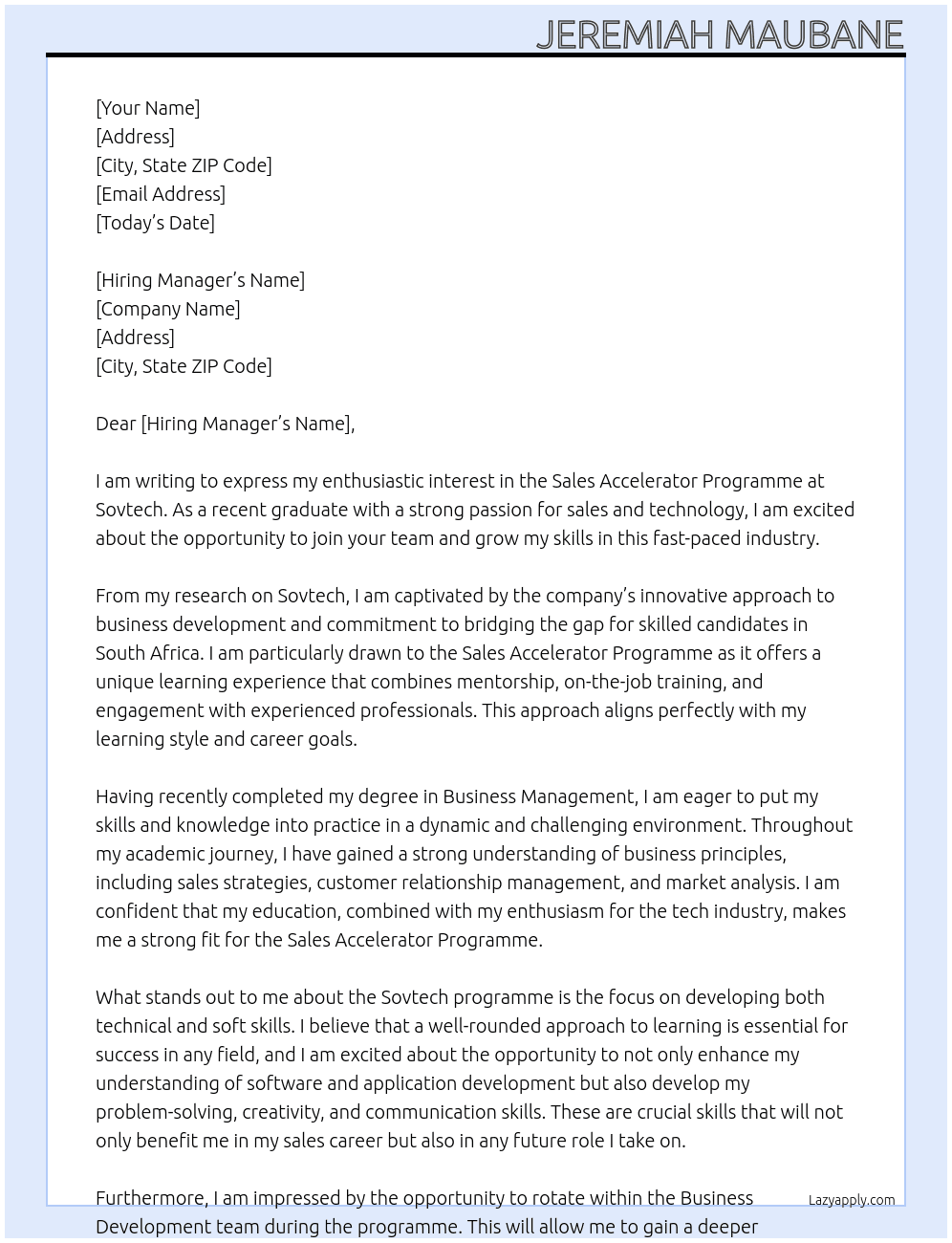 Sales Accelerator Programme At Sovtech  Cover Letter