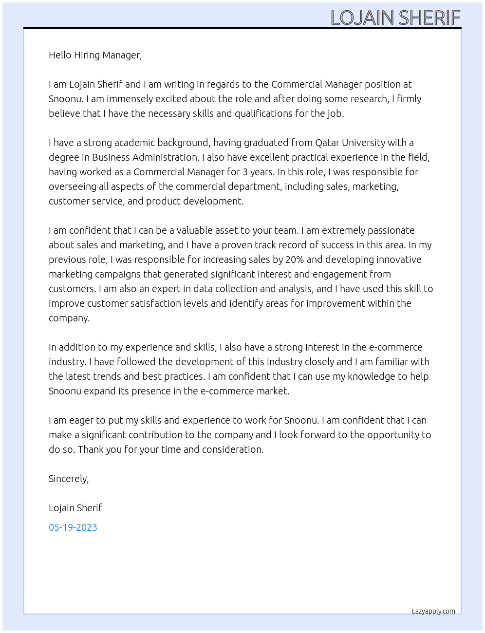 Commercial Manager At Snoonu Cover Letter
