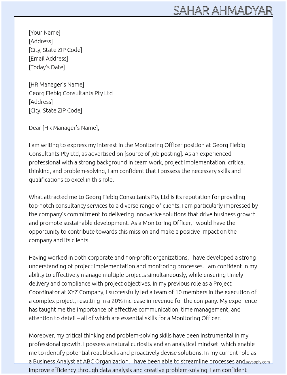 Monitoring Officer At Georg Fiebig Consultants Pty Ltd Cover Letter