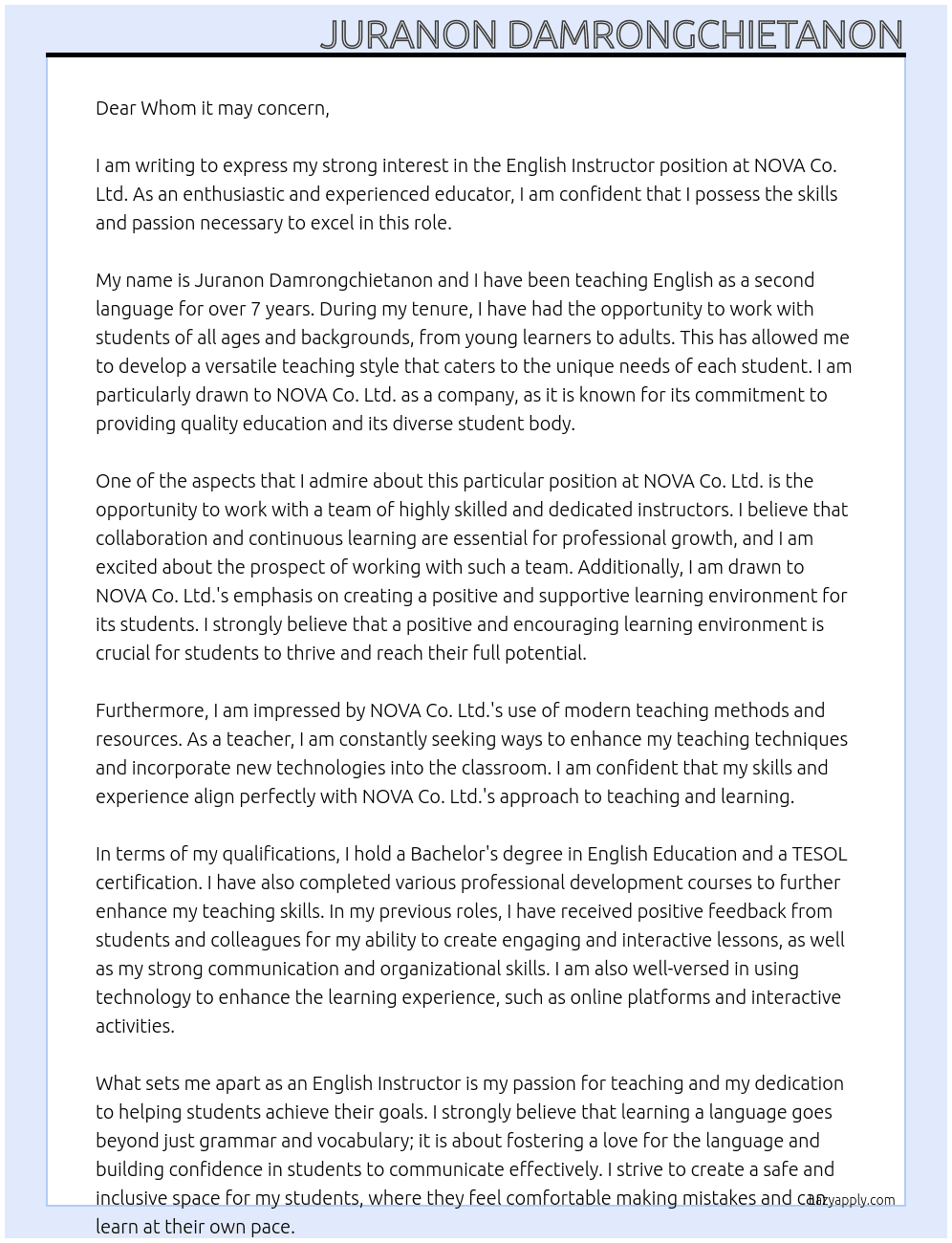 English Instructor At NOVA Co. Ltd. Cover Letter