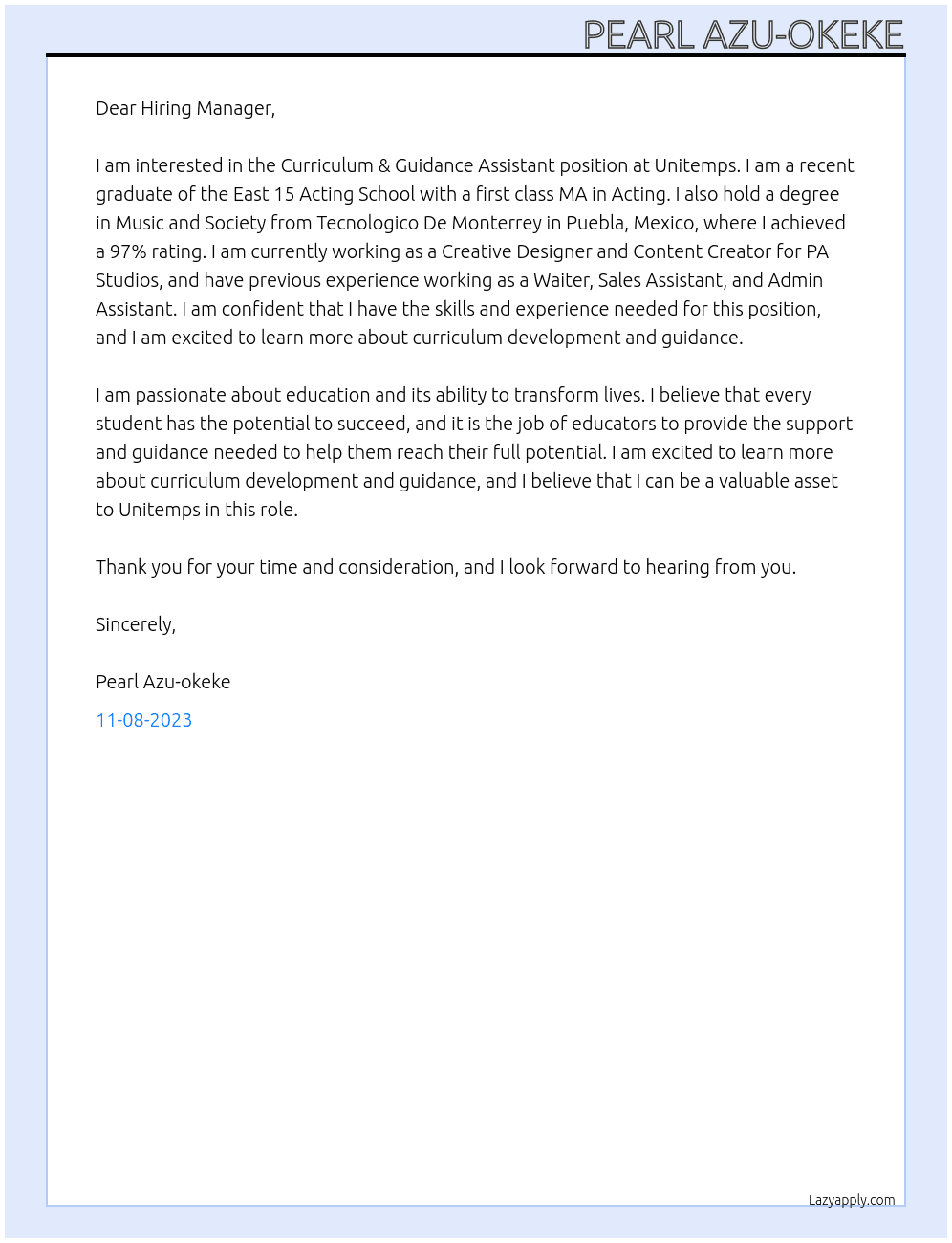 Curriculum & Guidance Assistant At Unitemps Cover Letter