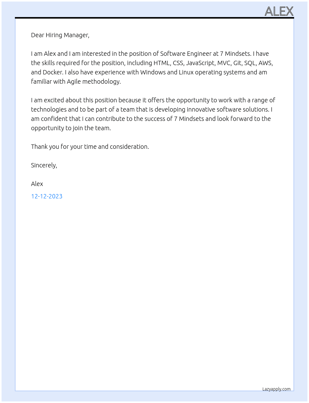 Software Engineer At 7 Mindsets Cover Letter