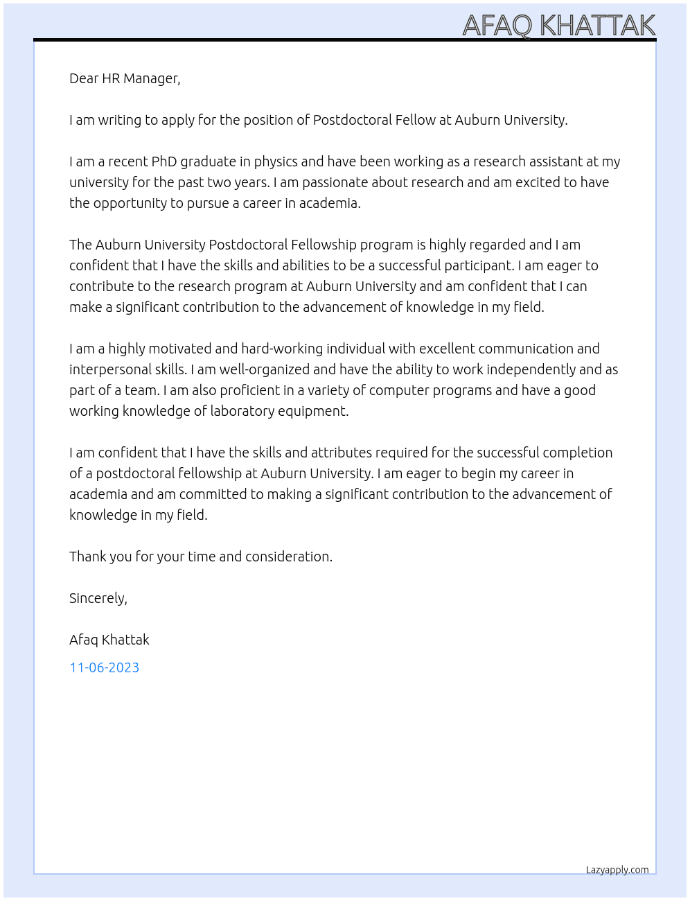 Postdoctoral fellow At Auburn University Cover Letter