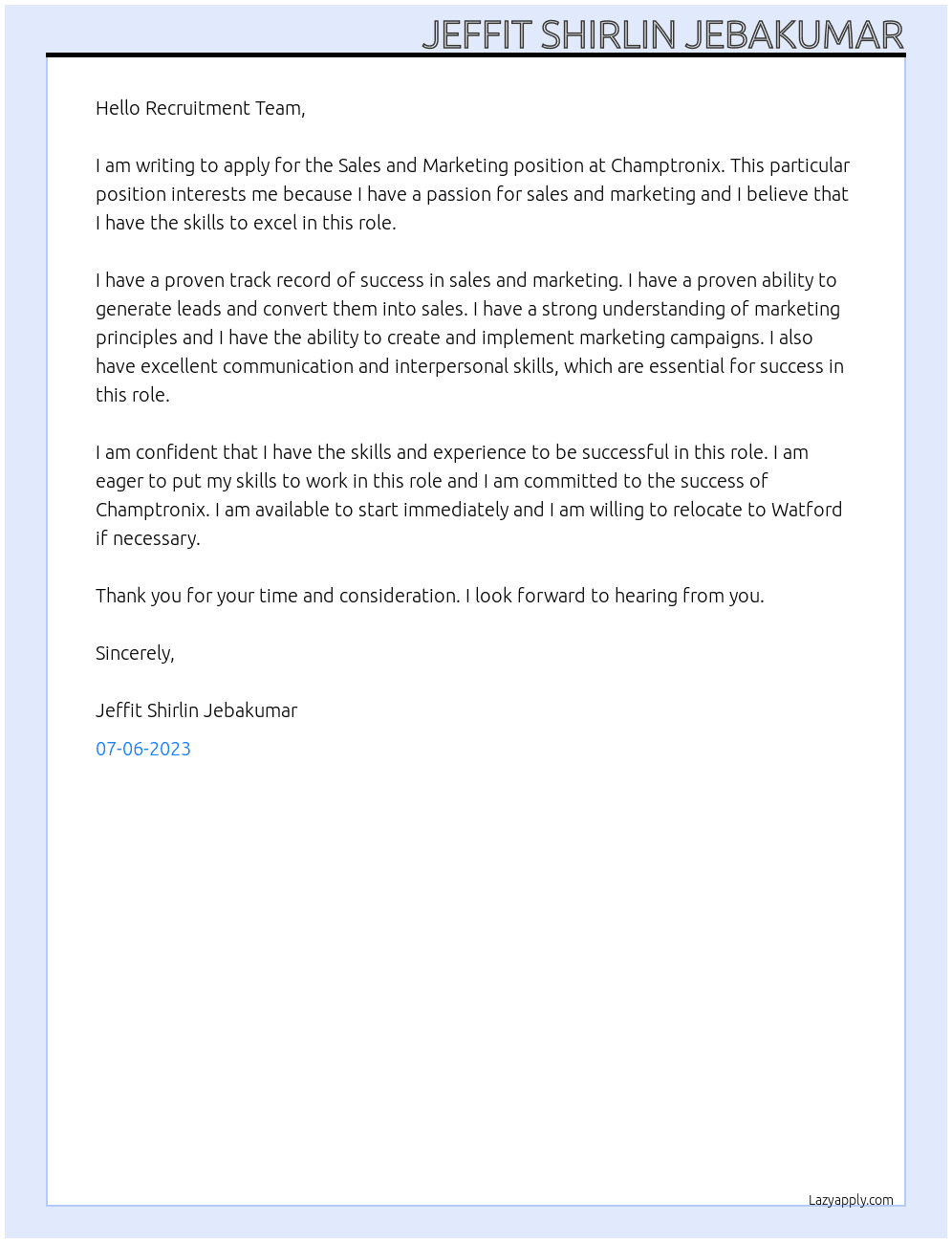 Sales and Marketing At Champtronix Cover Letter
