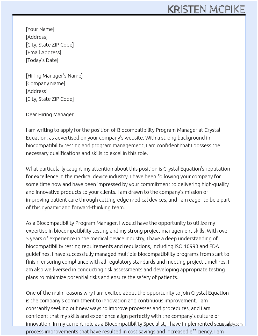 Biocompatibility Program Manager At Crystal Equation Cover Letter