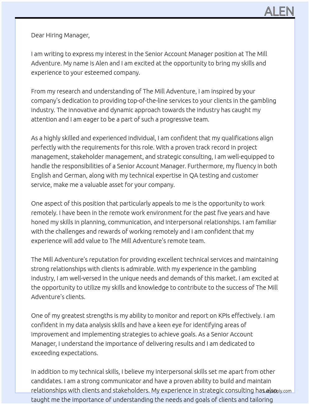 Senior Account Manager At The MiIl Adventure Cover Letter