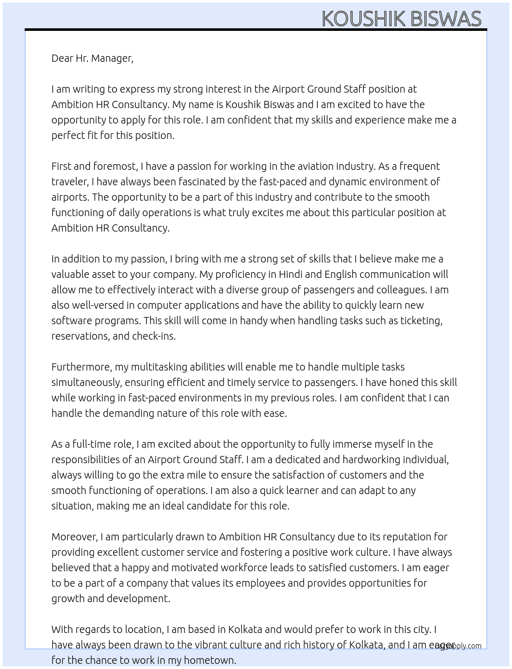 Airport Ground Staff  At Ambition HR Consultancy Cover Letter