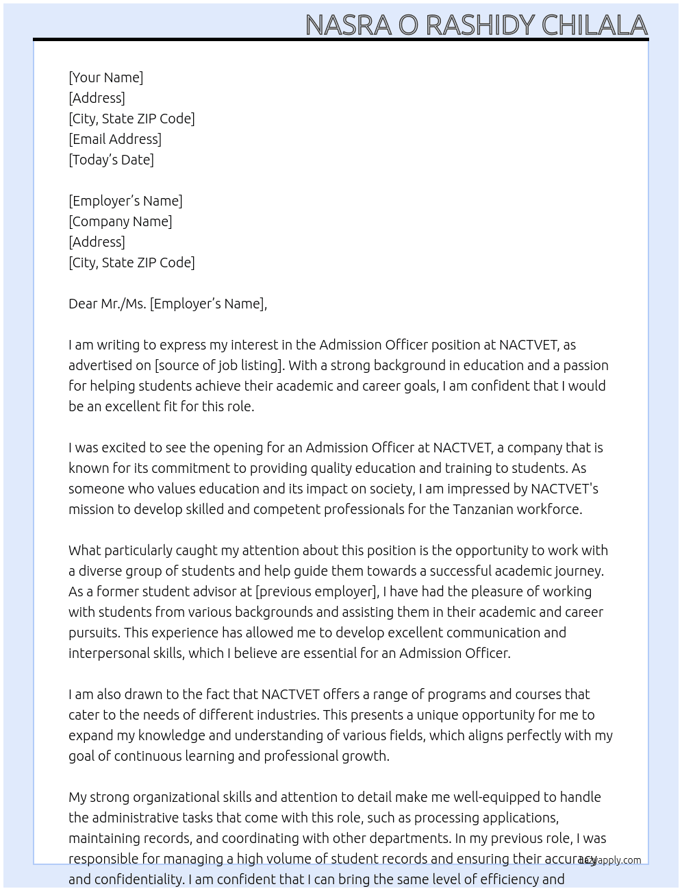 Admission officer At NACTVET  Cover Letter