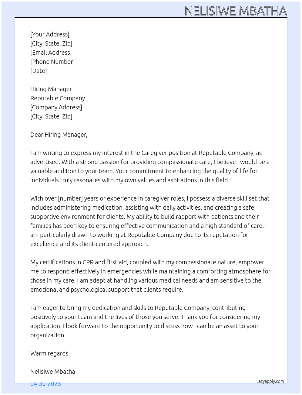 Caregiver At Reputable Company Cover Letter