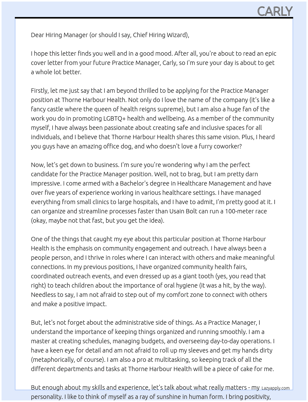 Practice manager At Thorne harbour Health Cover Letter