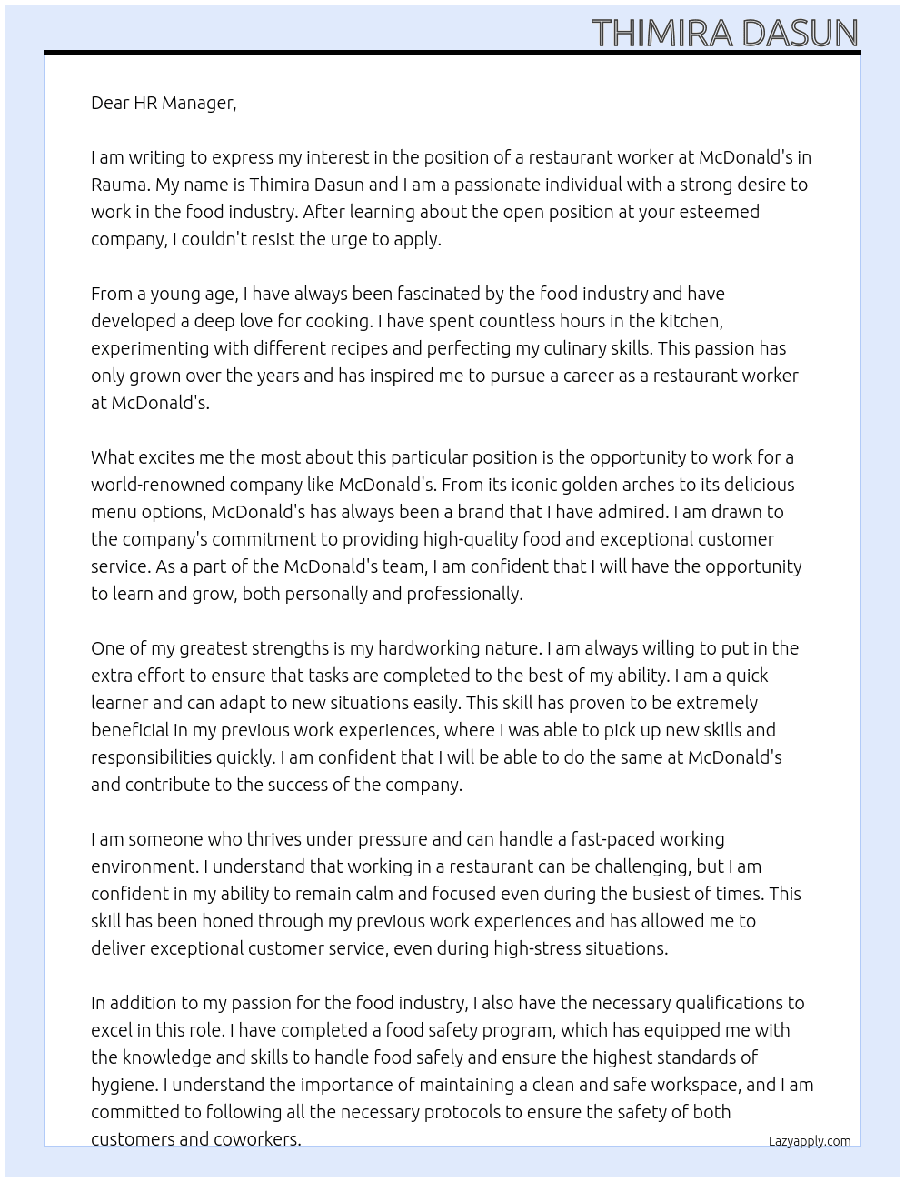 restaurant worker At MAcdonald's Cover Letter