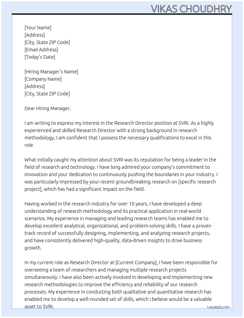 Research Director At SVRI Cover Letter