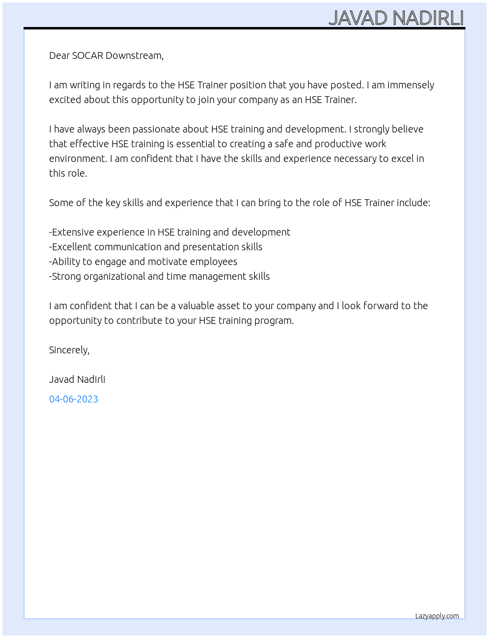 HSE Trainer At SOCAR Downstream Cover Letter