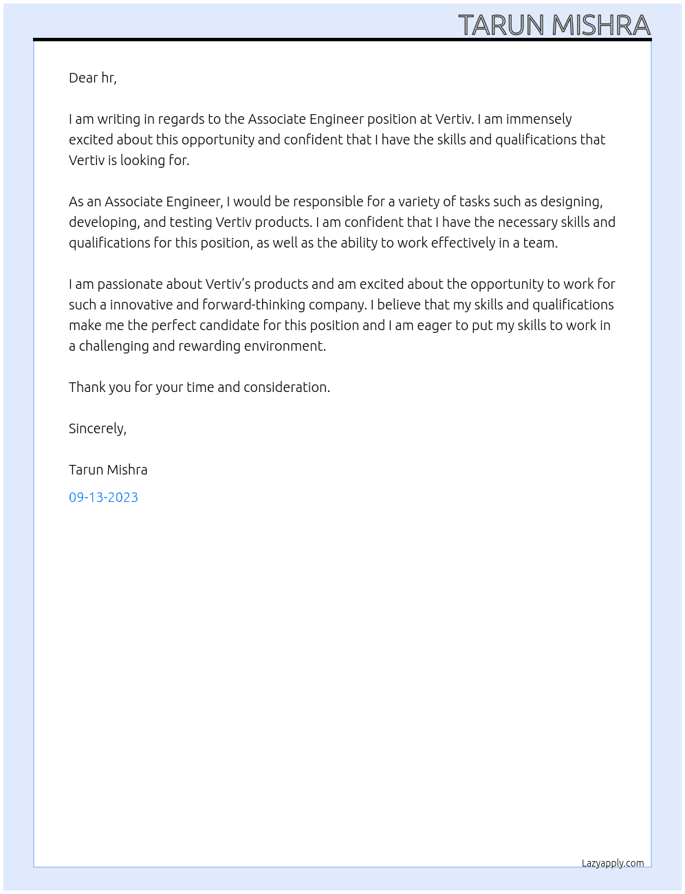 Associate engineer  At Vertiv Cover Letter