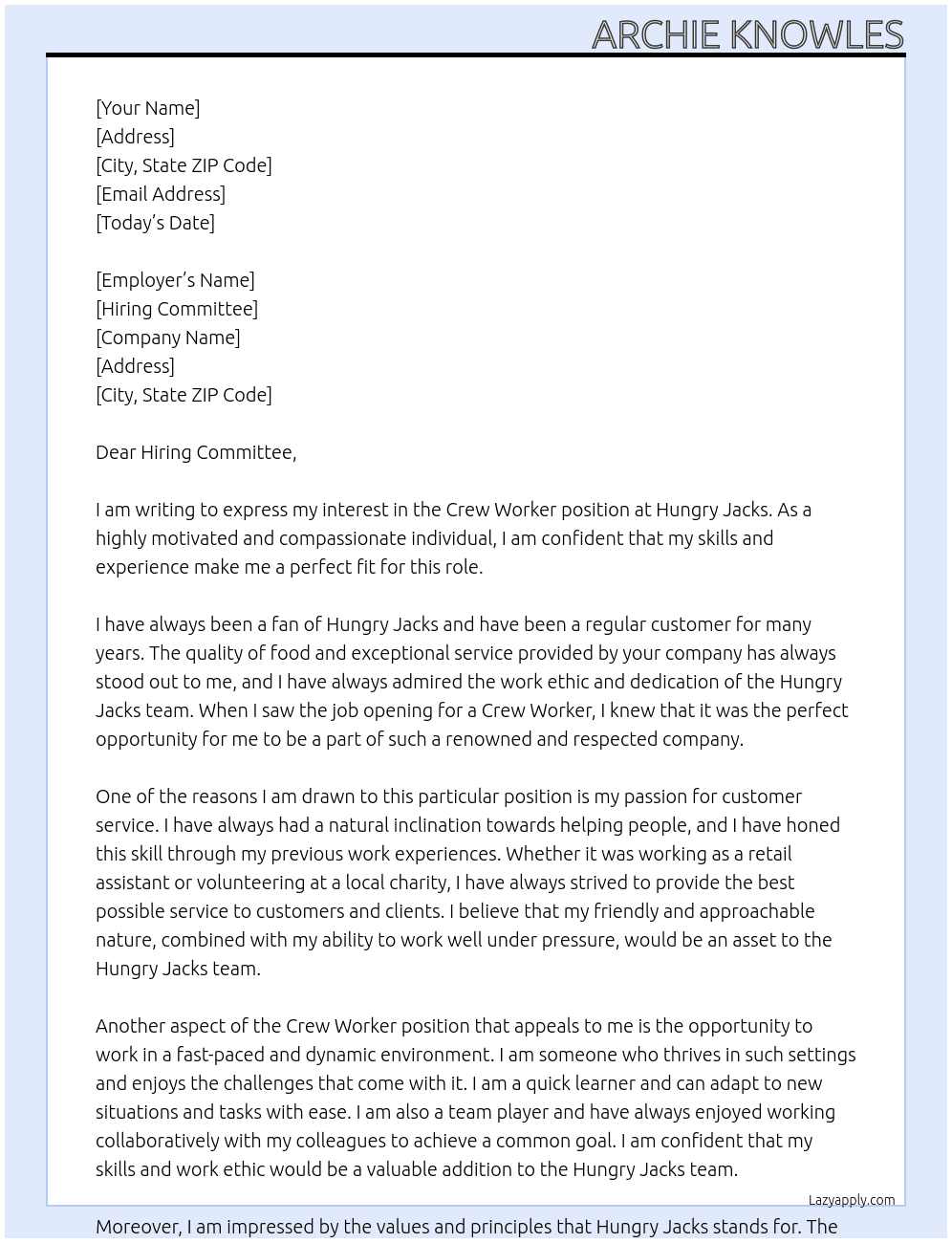 crew worker At hungry Jacks Cover Letter