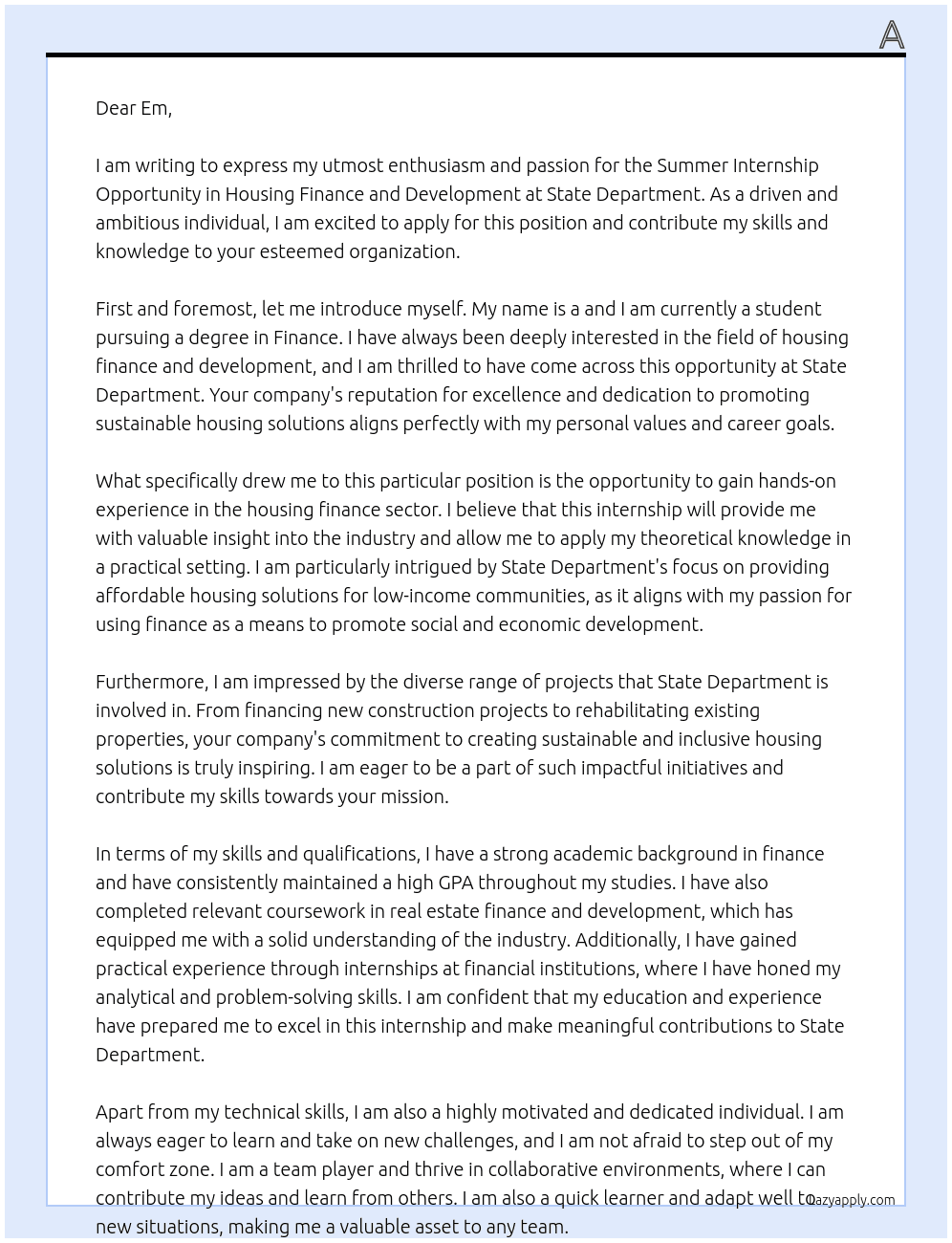 Summer Internship Opportunity in Housing Finance and Development At State department Cover Letter