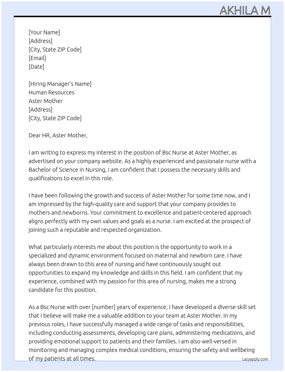 Bsc Nurse At Aster Mother Cover Letter