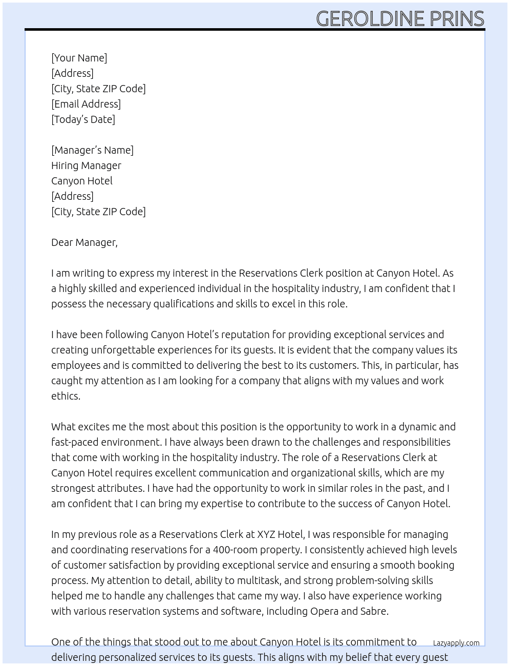 Reservations Clerk At Canyon Hotel Cover Letter