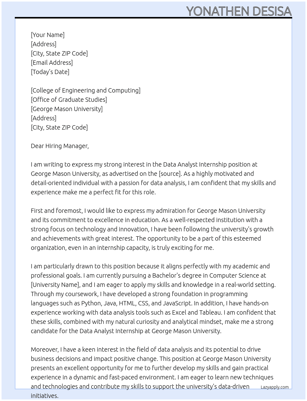 Data Analyst Internship At George Mason University Cover Letter