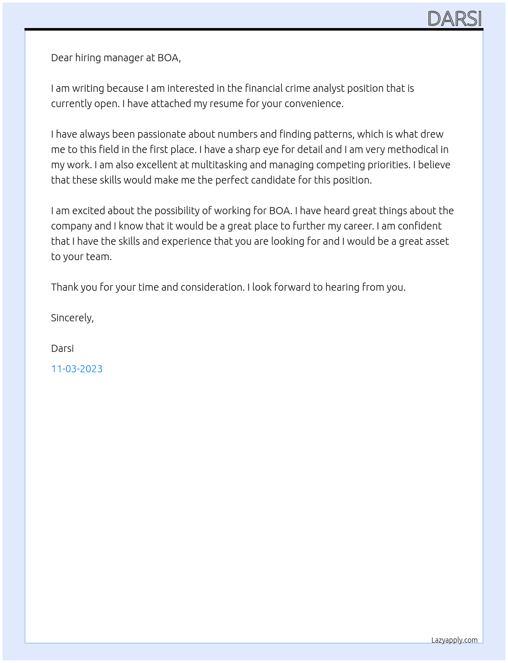 Financial Crime Analyst At BOA Cover Letter