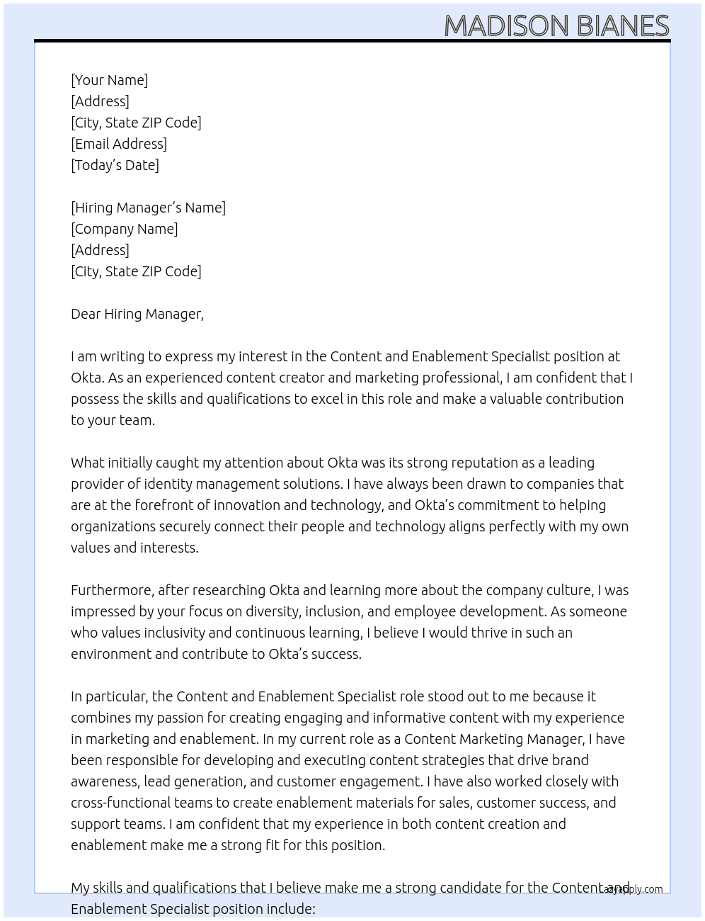 Content and Enablement Specialist At Okta Cover Letter