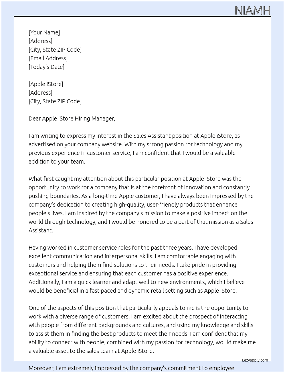 Sales Assistant  At Apple iStore Cover Letter