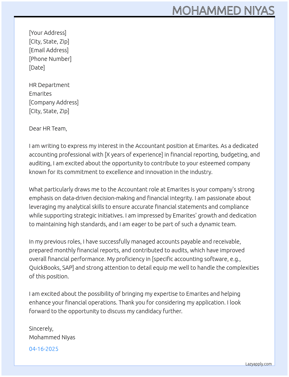 Accountant  At Emarites  Cover Letter